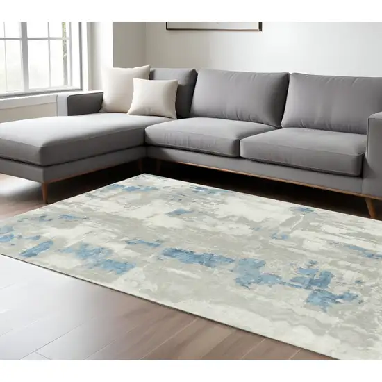 Ivory Gray And Blue Abstract Power Loom Stain Resistant Area Rug Photo 1