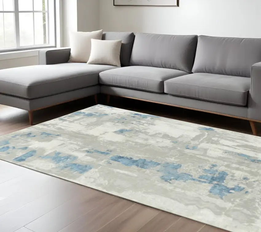 Ivory Gray And Blue Abstract Power Loom Stain Resistant Area Rug Photo 1