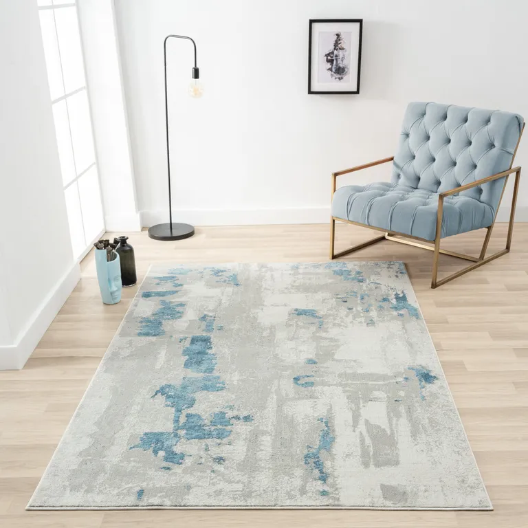 Ivory Gray And Blue Abstract Stain Resistant Area Rug Photo 5