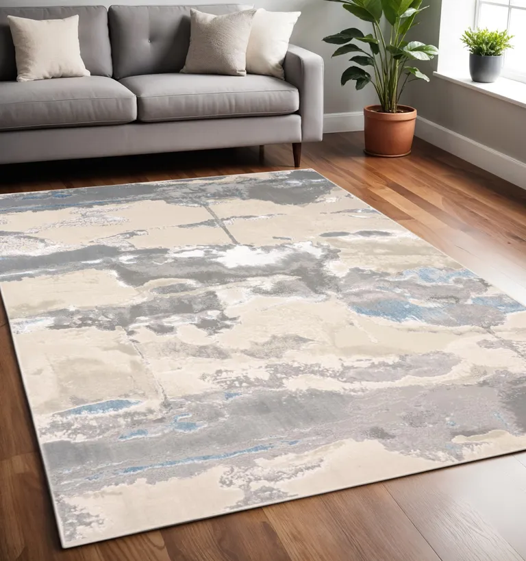 Ivory Gray And Blue Abstract Stain Resistant Area Rug Photo 5