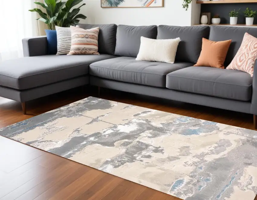 Ivory Gray And Blue Abstract Stain Resistant Area Rug Photo 1