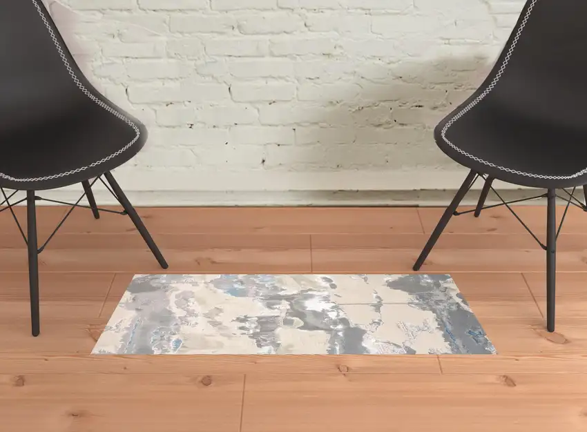 Ivory Gray And Blue Abstract Stain Resistant Area Rug Photo 2