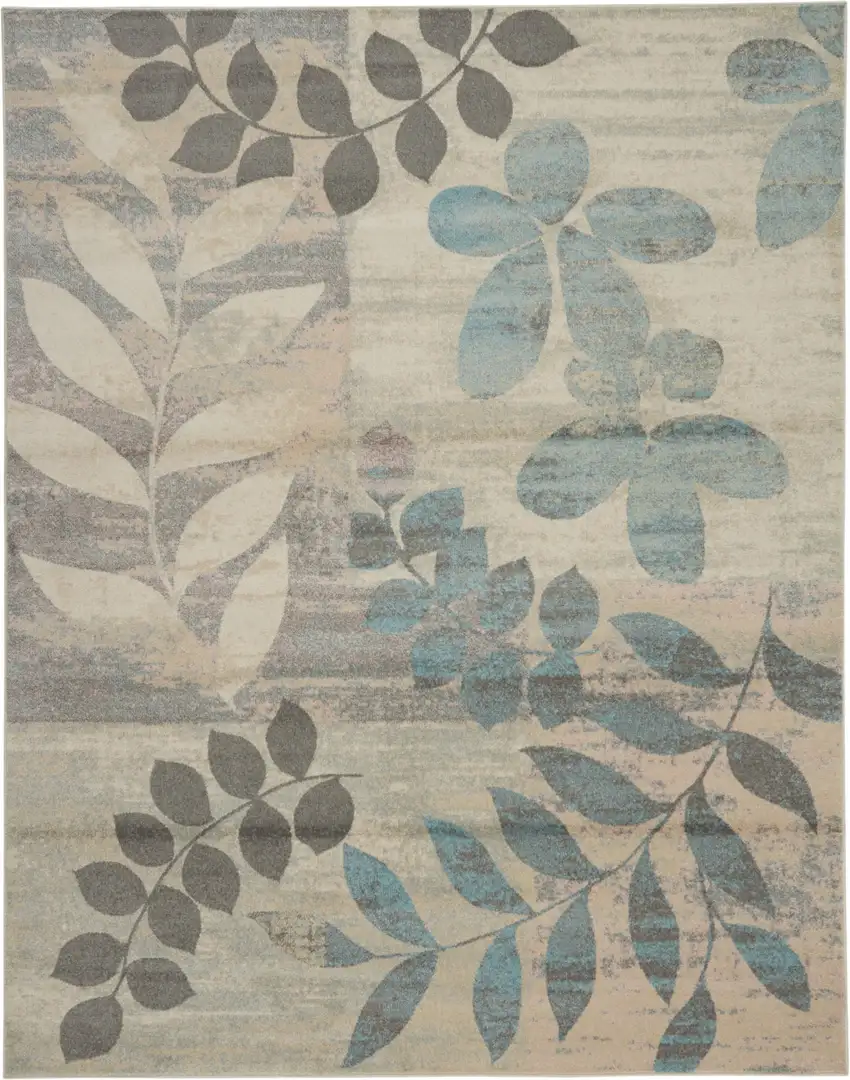 Ivory Gray And Blue Botanical Leaves Area Rug Photo 2