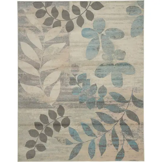 Ivory Gray And Blue Botanical Leaves Area Rug Photo 1