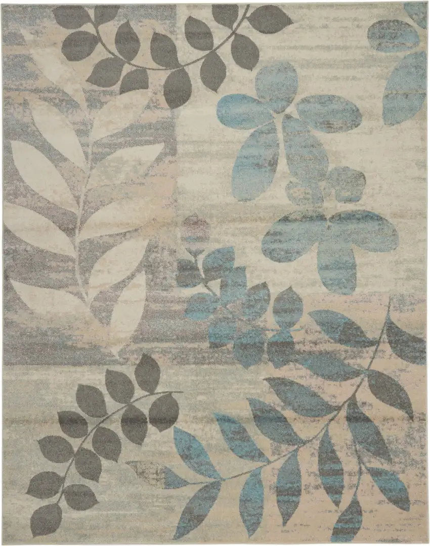 Ivory Gray And Blue Botanical Leaves Area Rug Photo 1