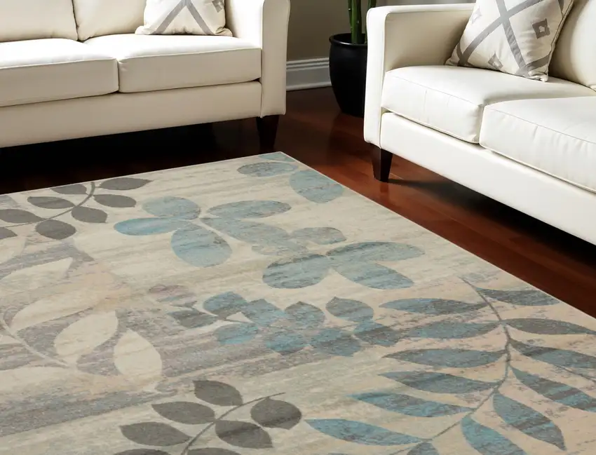 Ivory Gray And Blue Botanical Leaves Area Rug Photo 1