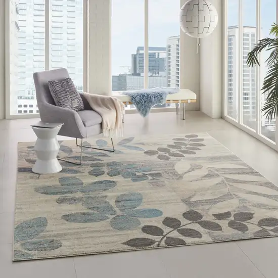 Ivory Gray And Blue Botanical Leaves Area Rug Photo 5