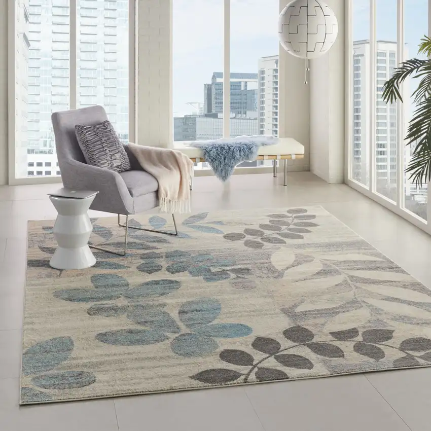Ivory Gray And Blue Botanical Leaves Area Rug Photo 5