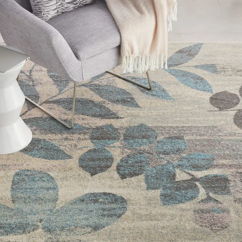 Ivory Gray And Blue Botanical Leaves Area Rug Photo 8