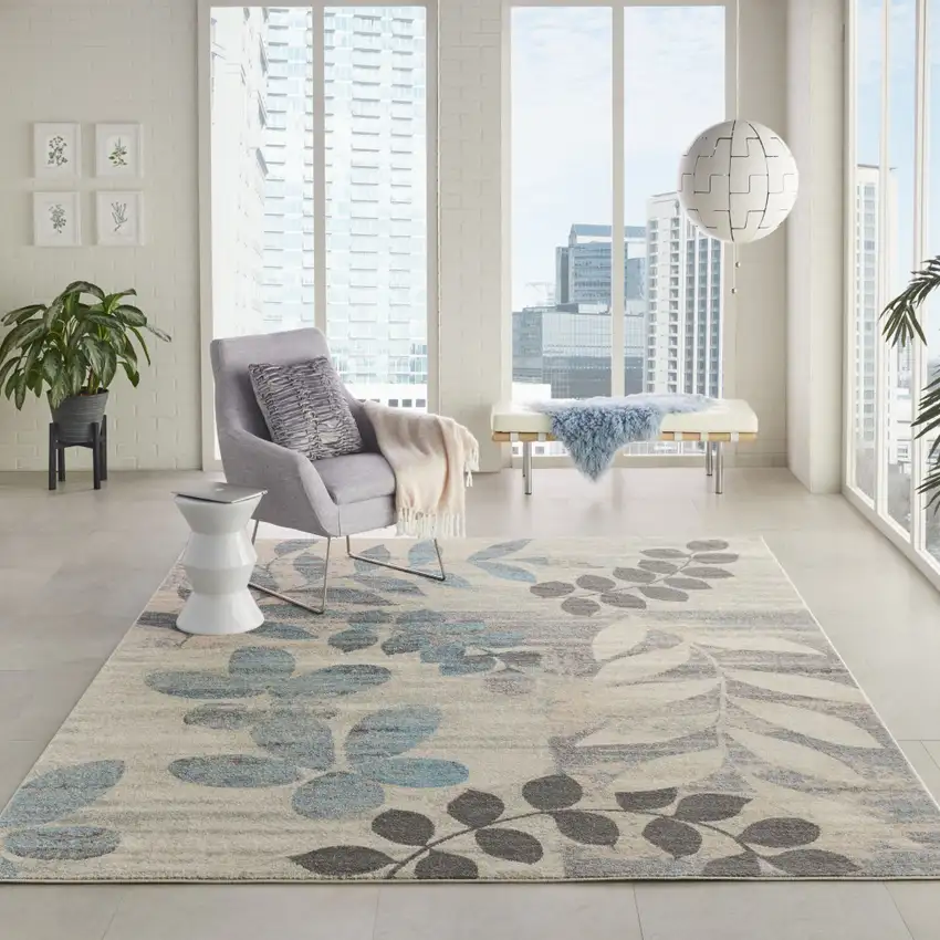 Ivory Gray And Blue Botanical Leaves Area Rug Photo 3
