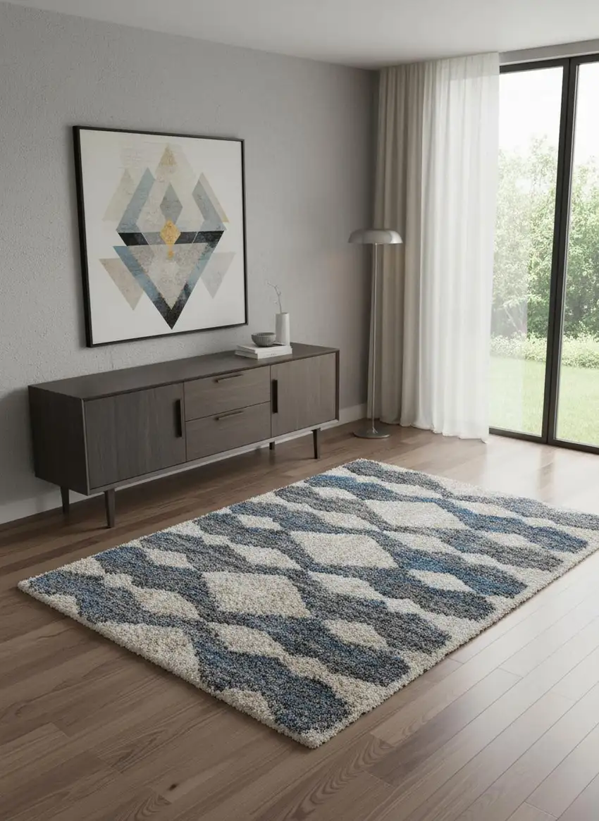 Ivory Gray And Blue Chevron Power Loom Stain Resistant Area Rug Photo 1