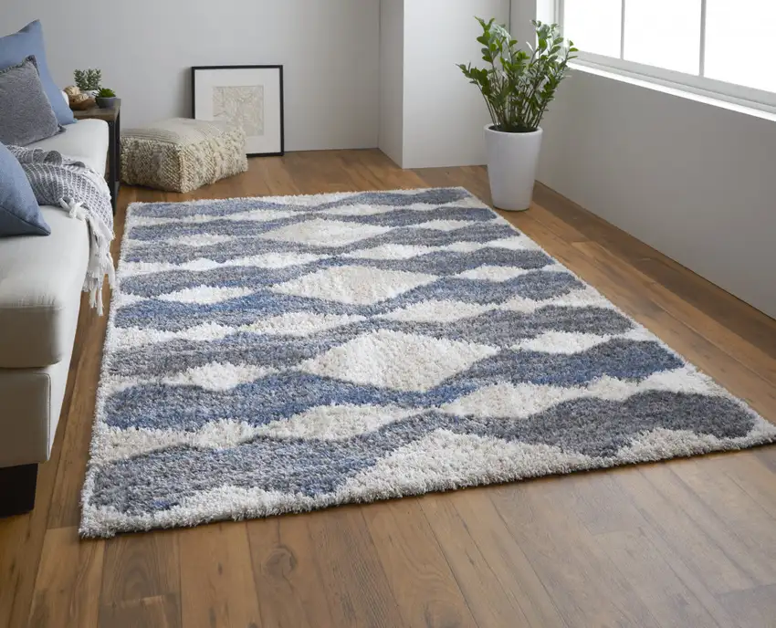 Ivory Gray And Blue Chevron Power Loom Stain Resistant Area Rug Photo 7
