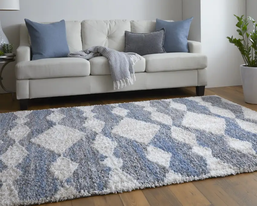 Ivory Gray And Blue Chevron Power Loom Stain Resistant Area Rug Photo 8