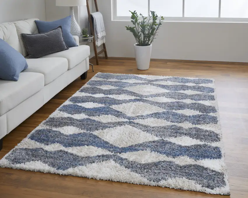 Ivory Gray And Blue Chevron Power Loom Stain Resistant Area Rug Photo 6