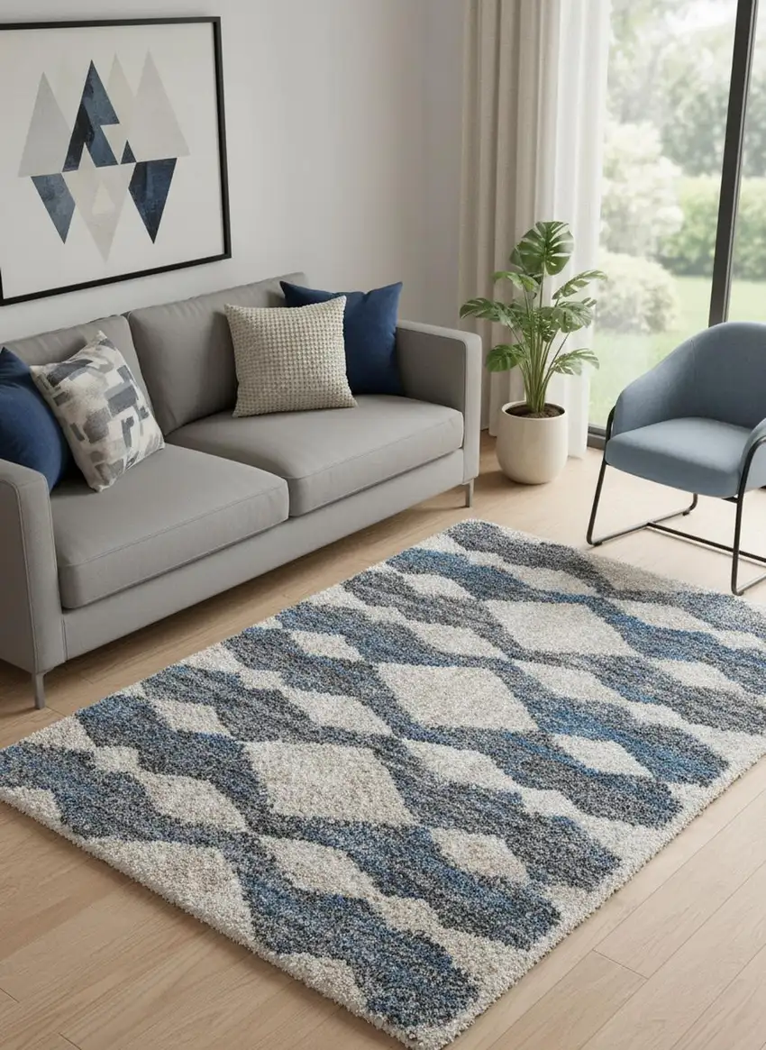 Ivory Gray And Blue Chevron Power Loom Stain Resistant Area Rug Photo 1