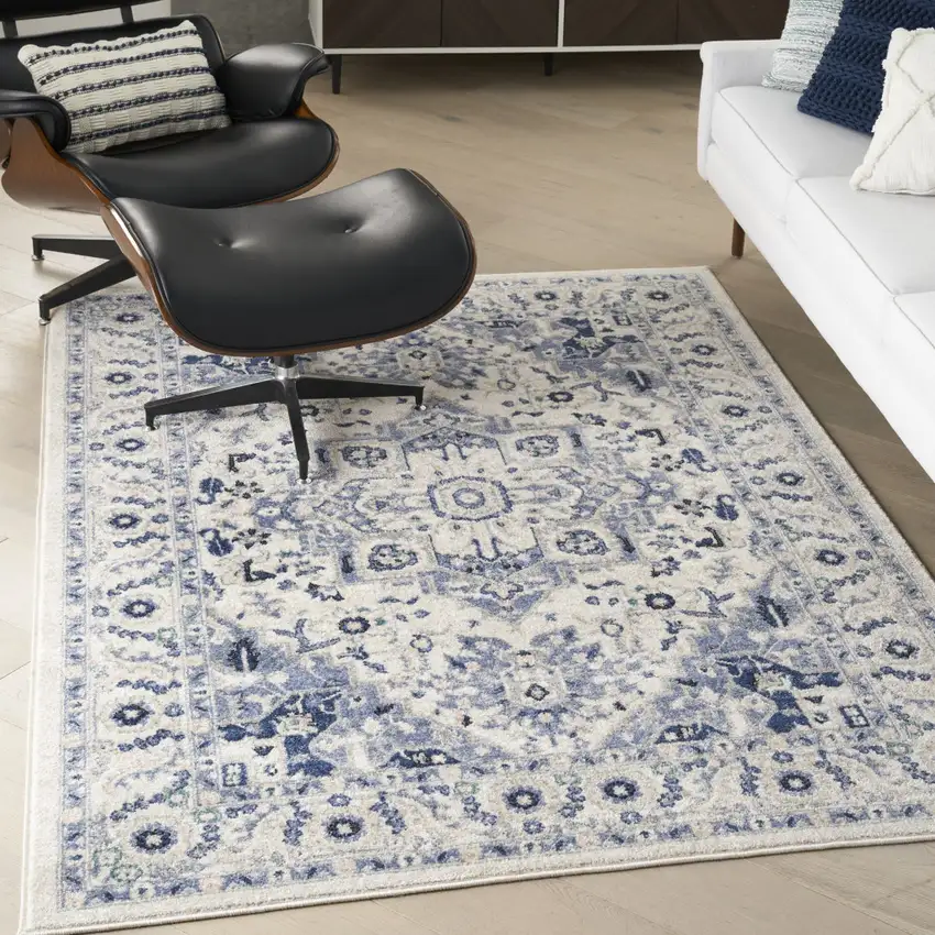 Ivory Gray And Blue Floral Area Rug Photo 5