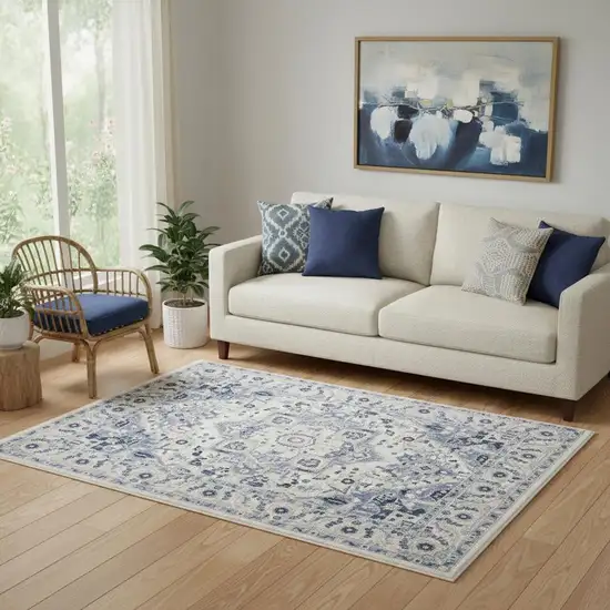 Ivory Gray And Blue Floral Area Rug Photo 1