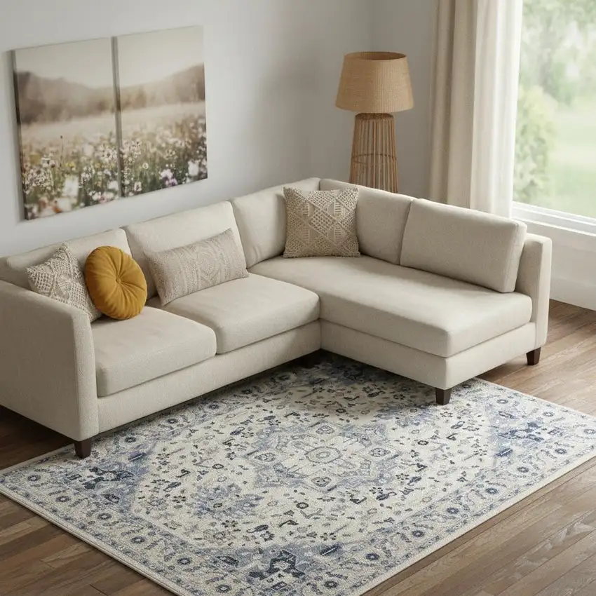 Ivory Gray And Blue Floral Area Rug Photo 1