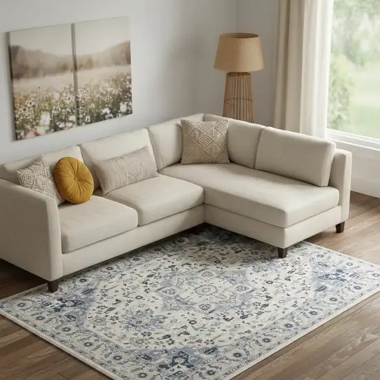 Ivory Gray And Blue Floral Area Rug Photo 1