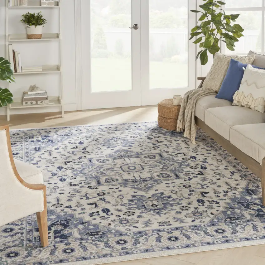 Ivory Gray And Blue Floral Area Rug Photo 5