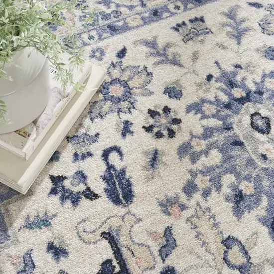 Ivory Gray And Blue Floral Area Rug Photo 9