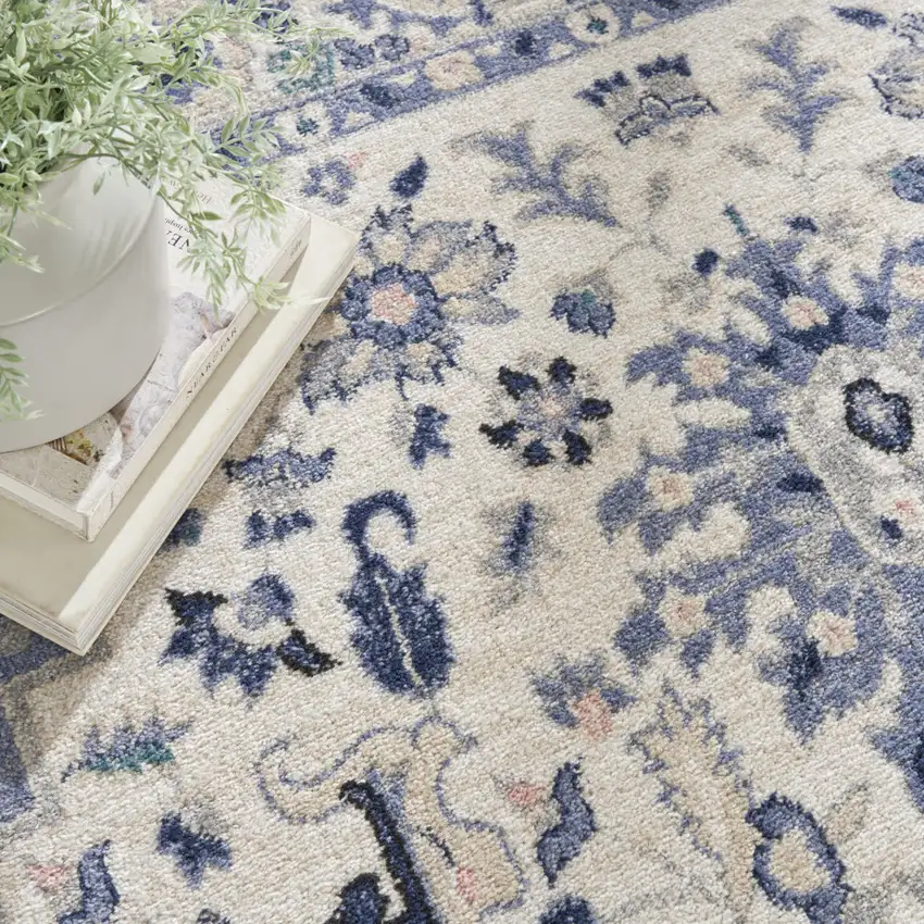 Ivory Gray And Blue Floral Area Rug Photo 9