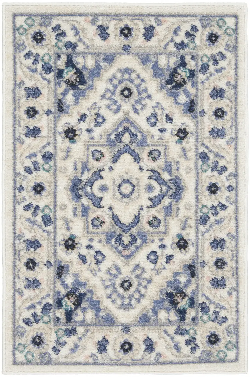 Ivory Gray And Blue Floral Area Rug Photo 8