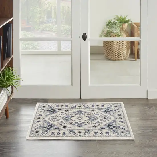 Ivory Gray And Blue Floral Area Rug Photo 5