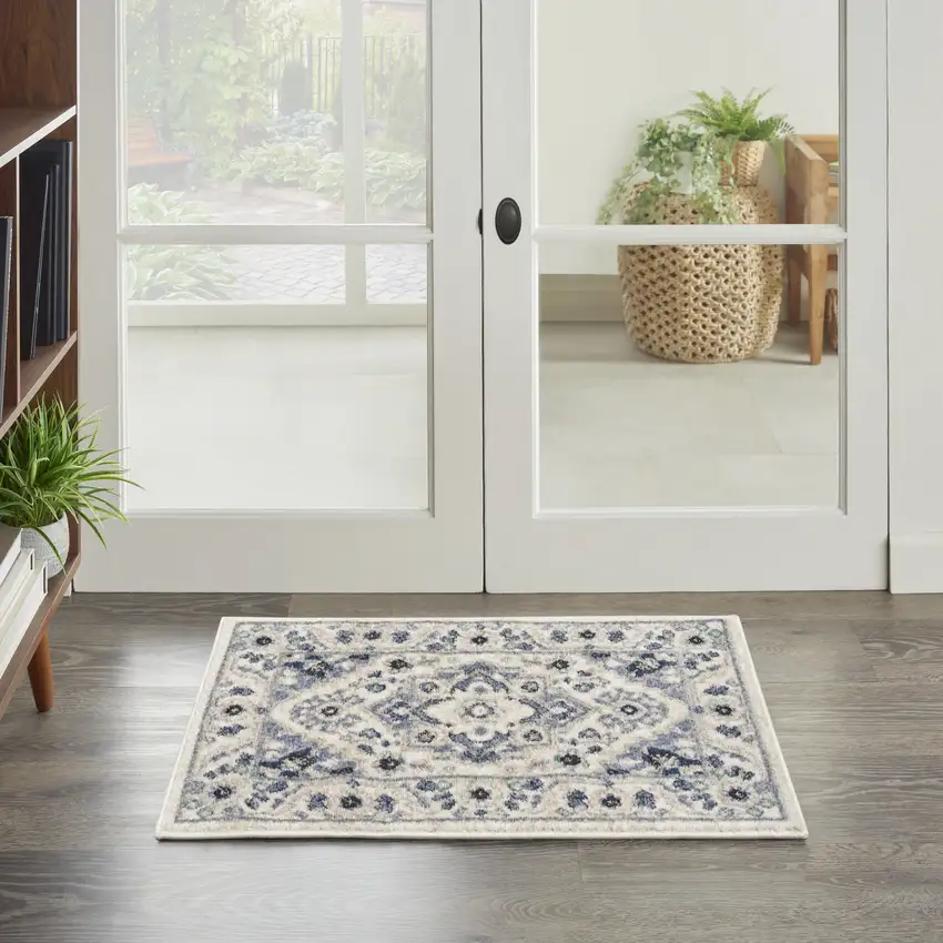 Ivory Gray And Blue Floral Area Rug Photo 5