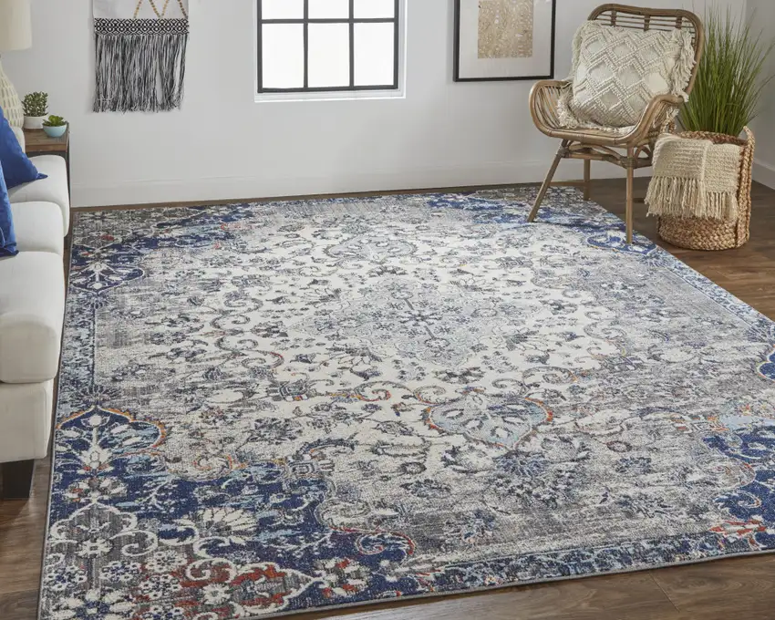 Ivory Gray And Blue Floral Power Loom Distressed Stain Resistant Area Rug Photo 5