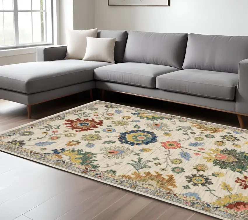 Ivory Gray And Blue Oriental Area Rug With Fringe Photo 1