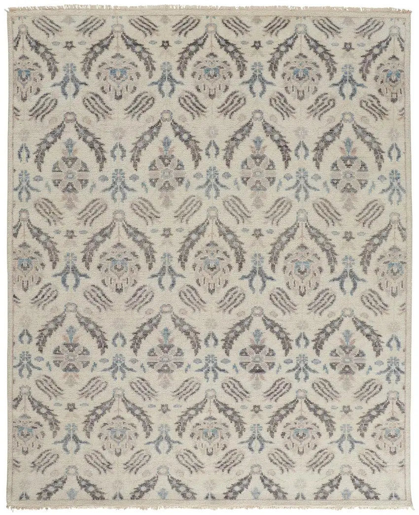 Ivory Gray And Blue Wool Floral Hand Knotted Stain Resistant Area Rug Photo 2