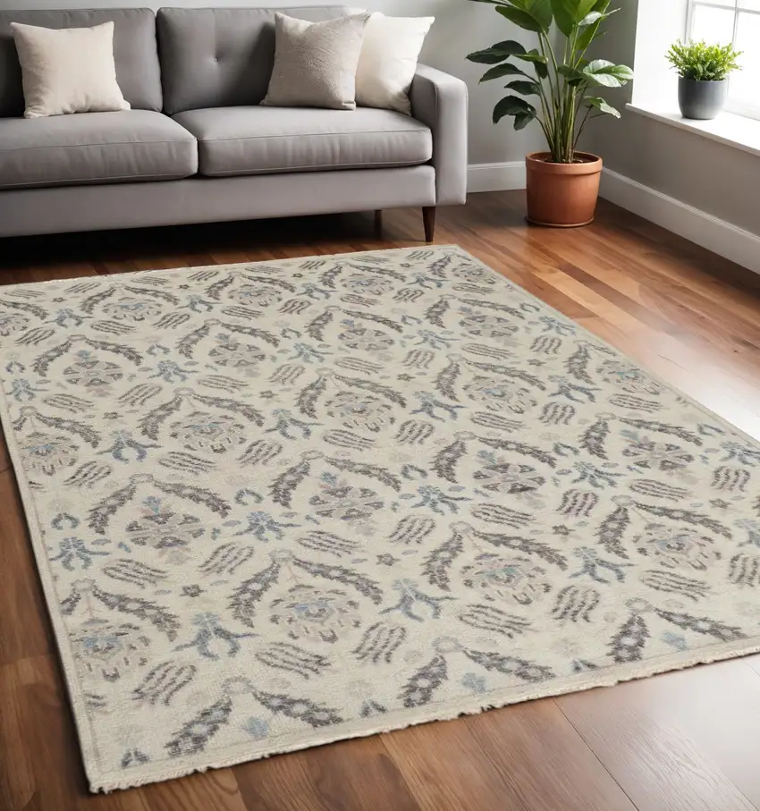 Gray and Ivory Wool Floral Hand Knotted Area Rug Photo 1