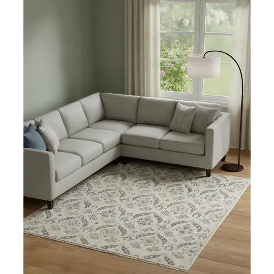 Ivory Gray And Blue Wool Floral Hand Knotted Stain Resistant Area Rug Photo 1