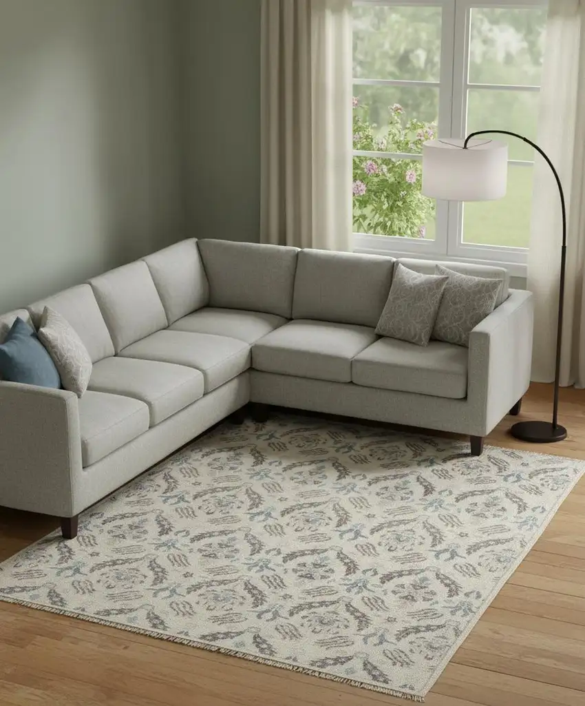 Ivory Gray And Blue Wool Floral Hand Knotted Stain Resistant Area Rug Photo 1