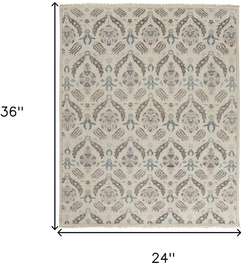 Gray and Ivory Wool Floral Hand Knotted Area Rug Photo 3