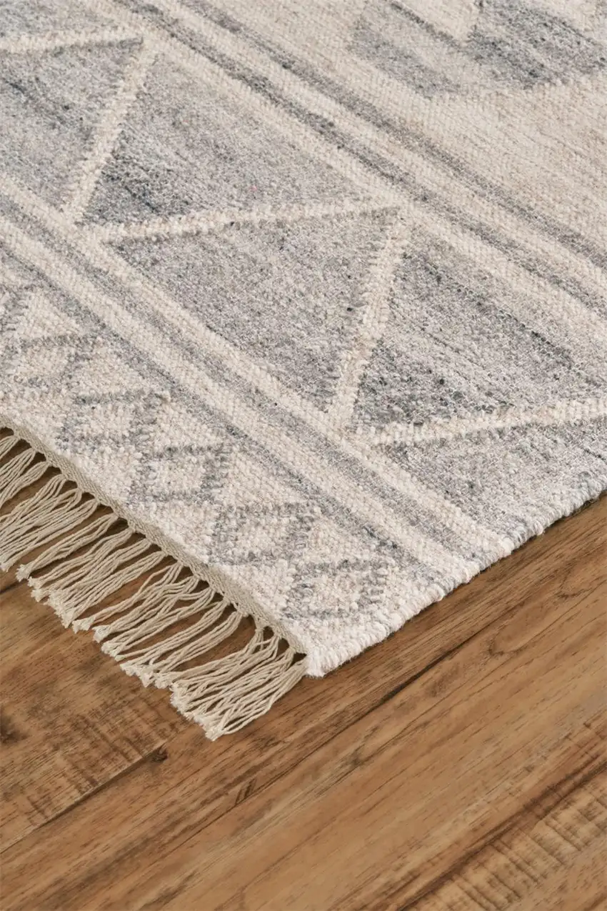 Ivory Gray And Blue Wool Geometric Dhurrie Flatweave Handmade Area Rug With Fringe Photo 4