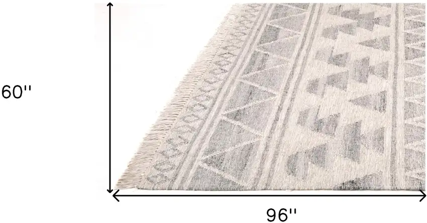 Ivory Gray And Blue Wool Geometric Dhurrie Flatweave Handmade Area Rug With Fringe Photo 8
