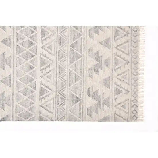 Ivory Gray And Blue Wool Geometric Dhurrie Flatweave Handmade Area Rug With Fringe Photo 2