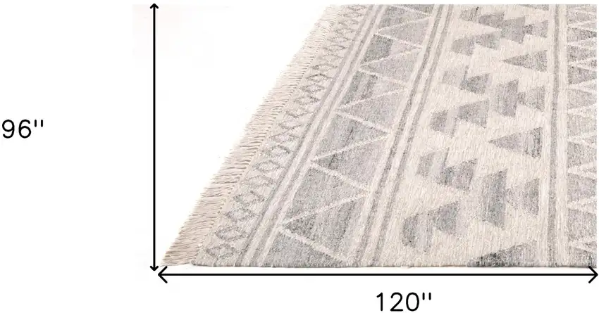 Ivory Gray And Blue Wool Geometric Dhurrie Flatweave Handmade Area Rug With Fringe Photo 6
