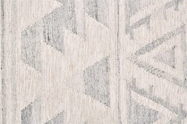 Ivory Gray And Blue Wool Geometric Dhurrie Flatweave Handmade Area Rug With Fringe Photo 5