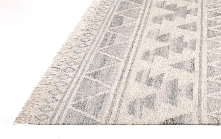 Ivory Gray And Blue Wool Geometric Dhurrie Flatweave Handmade Area Rug With Fringe Photo 1
