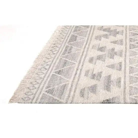 Ivory Gray And Blue Wool Geometric Dhurrie Flatweave Handmade Area Rug With Fringe Photo 1