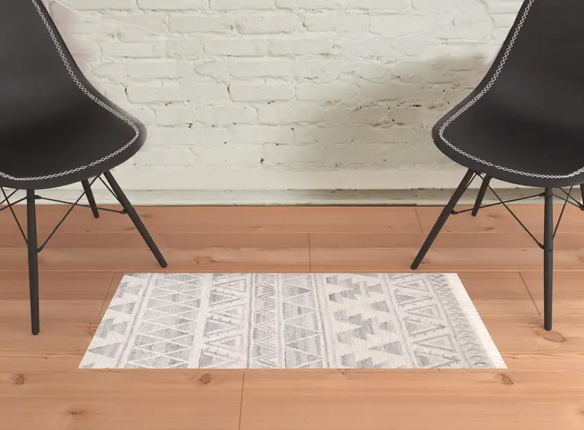 Ivory Gray And Blue Wool Geometric Dhurrie Flatweave Handmade Area Rug With Fringe Photo 2