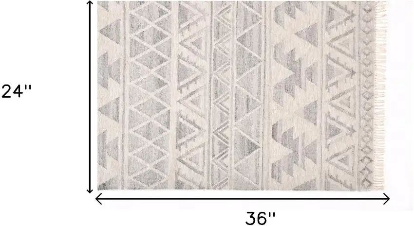 Ivory Gray And Blue Wool Geometric Dhurrie Flatweave Handmade Area Rug With Fringe Photo 5