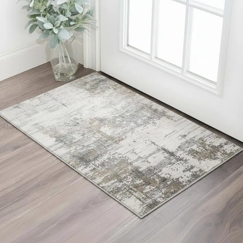 Ivory Gray And Brown Abstract Area Rug With Fringe Photo 1