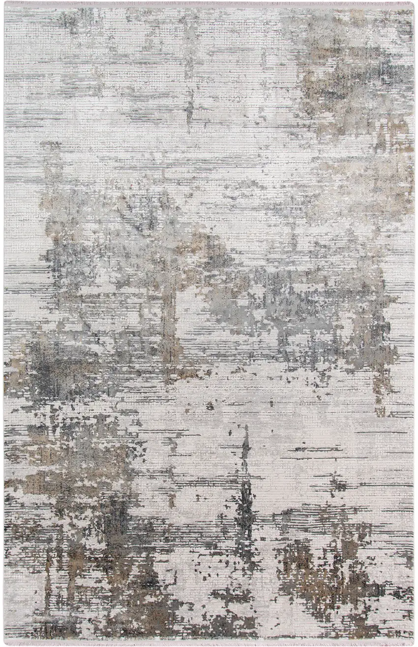Ivory Gray And Brown Abstract Area Rug With Fringe Photo 2