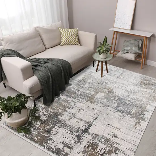 Ivory Gray And Brown Abstract Area Rug With Fringe Photo 8
