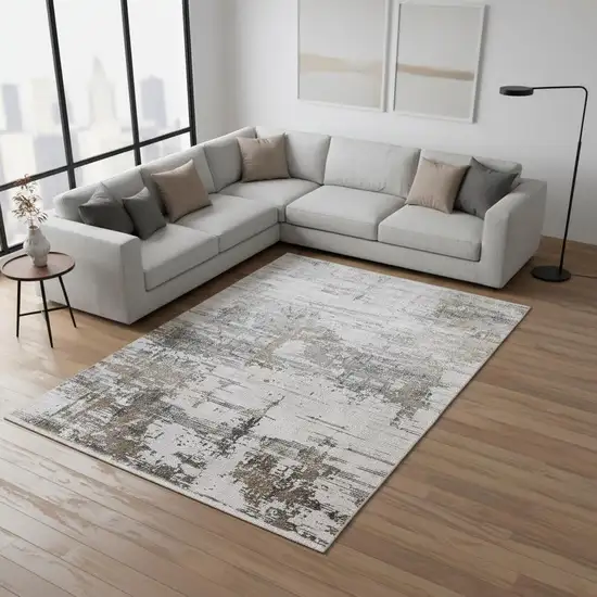 Ivory Gray And Brown Abstract Area Rug With Fringe Photo 1