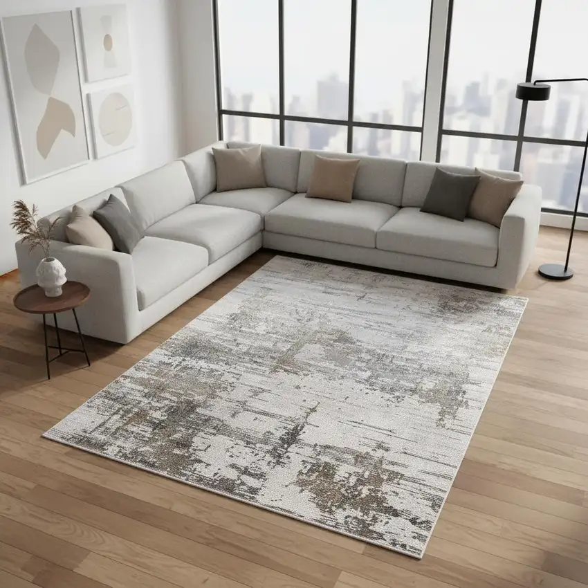 Ivory Gray And Brown Abstract Area Rug With Fringe Photo 1